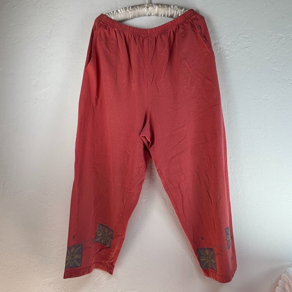 Vintage 90s Blue Fish Hand Painted Wide-Leg Pants Size 1 Red Organic Cotton